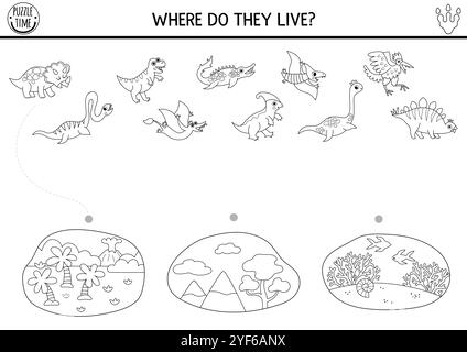 Dinosaure noir et blanc assorti activité avec des animaux mignons et place qu'ils vivent. Puzzle de ligne préhistorique avec ptérosaure, stegosaur, T-rex, plésiosaure Illustration de Vecteur