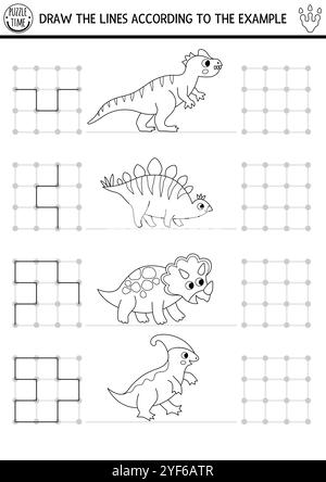 Dessin noir et blanc de dinosaure, écriture, traçage, activité d'orientation spatiale pour les enfants avec des animaux anciens. Tracez des lignes en suivant l'exemple. Préscolaire Illustration de Vecteur