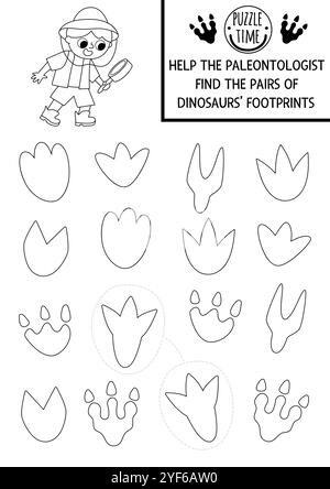 Trouvez une paire d'empreintes de dinosaures. Activité d'appariement noir et blanc préhistorique. Feuille de travail de quiz de ligne éducative Dino pour les enfants pour les compétences d'attention. P Illustration de Vecteur