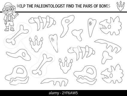 Trouvez une paire d'os de dinosaure. Activité d'appariement noir et blanc préhistorique. Feuille de travail de quiz de ligne éducative Dino pour les enfants pour les compétences d'attention. PRINTA Illustration de Vecteur
