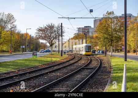 Allemagne Berlin 3 novembre 2024. Un tramway se déplace sur des rails à côté de la rue. Le tram est jaune et blanc. La rue est bordée d'arbres et plusieurs CA Banque D'Images