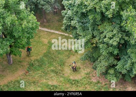 une équipe de travailleurs tond l'herbe avec une débroussailleuse à essence dans la ville, vue du dessus Banque D'Images