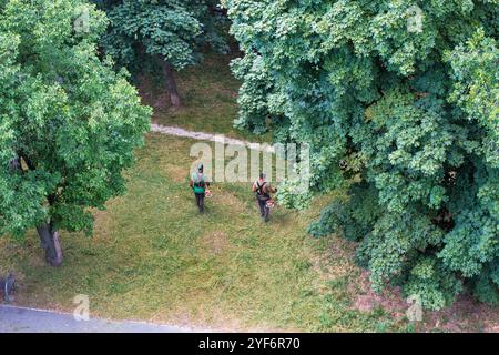 une équipe de travailleurs tond l'herbe avec un débroussailleuse à essence dans le parc de la ville, vue de dessus Banque D'Images