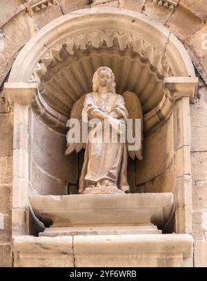 L'ange magnifiquement sculpté se tient sereinement dans sa niche, mettant en valeur des détails complexes sur la toile de fond de pierre. Banque D'Images