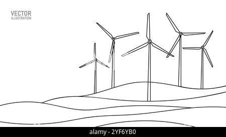 Moulin à vent, énergie éolienne, dessin d'art de ligne continue simple. Tour de moulin à vent économiser l'électricité d'énergie verte écologie. Paysage vallonné avec Illustration de Vecteur