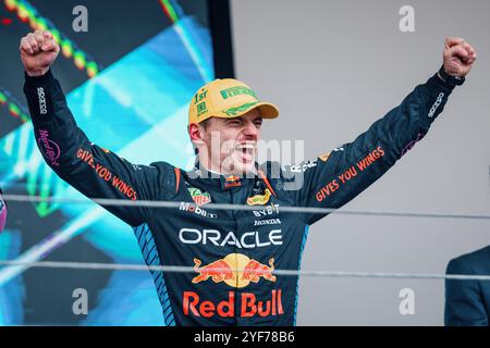 Sao Paulo, Brésil. 03 Nov, 2024. SAO PAULO, BRÉSIL - 03 NOVEMBRE : le pilote néerlandais Max Verstappen de Red Bull Racing célèbre sur le podium après avoir remporté le Grand Prix de formule 1 de la FIA du Brésil à l'Autodromo Jose Carlos Pace le 03 novembre 2024 à Interlagos, Sao Paulo, Brésil. (Marcelo Machado de Melo /SPP) crédit : SPP Sport Press photo. /Alamy Live News Banque D'Images