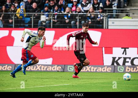 Noah Katterbach (Hamburger SV, #33), Stefanos TZIMAS (1. FC Nuernberg, #09) GER, Hamburger SV vs. 1. FC Nuernberg, Fussball, 2. Bundesliga, Spieltag 11, saison 2024/2025, 03.11.2024 LES RÈGLEMENTS du LDF INTERDISENT TOUTE UTILISATION DE PHOTOGRAPHIES COMME SÉQUENCES D'IMAGES ET/OU QUASI-VIDÉO Foto : Eibner-Pressefoto/Marcel von Fehrn Banque D'Images