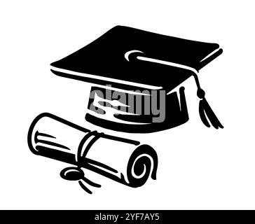 Chapeau de graduation et défilement du diplôme. Symbole du lycée. Dessin simple en noir et blanc Illustration de Vecteur