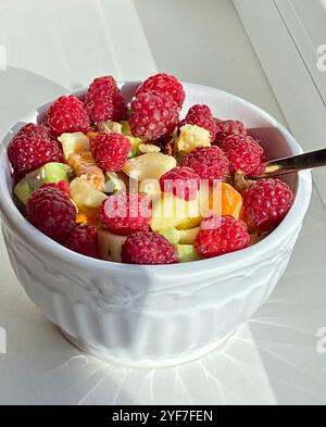 Bol blanc de salade de fruits frais isolé sur fond blanc. Repas d'été sain Banque D'Images