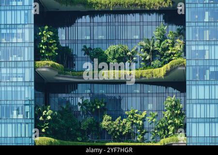 Singapour - 12 août 2024 : vue sur Parkroyal Collection Pickering, un hôtel de luxe avec une vaste verdure conçu par WOHA Banque D'Images