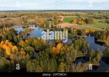 Une vue aérienne capture une tour d'observation entourée d'un feuillage automnal vibrant, de lacs interconnectés et d'un mélange d'arbres feuillus et à feuilles persistantes. Banque D'Images