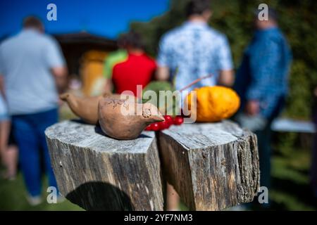 Un oiseau en bois et des gourdes colorées sont assis sur une table rustique. Les gens se rassemblent en arrière-plan, avec de la verdure et un ciel bleu clair suggérant une journée ensoleillée. Banque D'Images