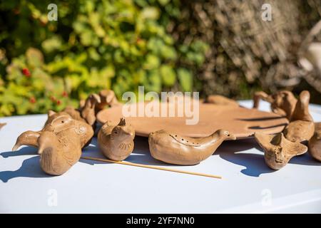 Une collection de sculptures détaillées d'oiseaux en argile est disposée sur une surface blanche à l'extérieur, avec une végétation luxuriante en arrière-plan et la lumière du soleil projetant shado Banque D'Images