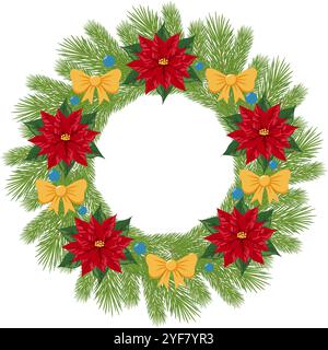 Couronne de Noël avec poinsettias rouges, arcs jaunes et branches de pin sur fond blanc. Saison d'hiver et concept de célébration de Noël. Conception pour Illustration de Vecteur