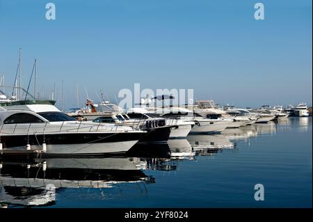 Une gamme de yachts luxueux amarrés dans une marina calme sous un ciel bleu clair, leurs reflets reflétant parfaitement dans l'eau tranquille, Banque D'Images