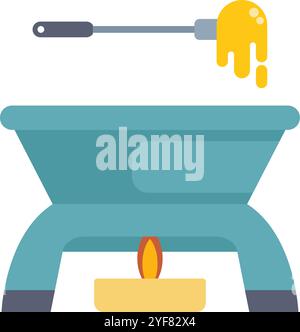 Cette icône de design plat représente un pot à fondue avec du fromage fondu qui coule d'une fourchette, chauffé par une bougie allumée Illustration de Vecteur