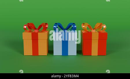 Trois coffrets cadeaux colorés avec des noeuds vibrants, prêts à être livrés. Parfait pour les dessins de cartes d'anniversaire et de Noël. Banque D'Images