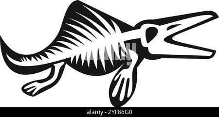 Squelette de plésiosaure à bouche ouverte nageant sous l'eau en noir et blanc Illustration de Vecteur