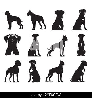 Silhouette ensemble de chien boxer sur fond blanc Illustration de Vecteur