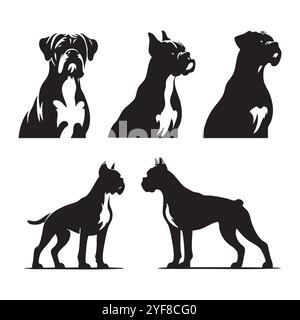 Silhouette ensemble de chien boxer sur fond blanc Illustration de Vecteur