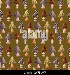 Un motif vibrant avec divers champignons sur un fond d'olive riche, parfait pour les projets créatifs. Motif sans couture aquarelle pour l'impression sur tissu et papier. Banque D'Images
