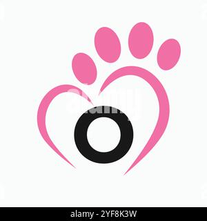 Lettre O Pet logo concept avec Paw et vecteur de symbole de coeur Illustration de Vecteur
