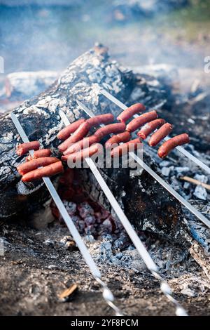 Saucisses grillées sur une broche dans un feu de camp Banque D'Images