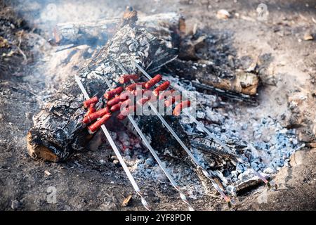 Saucisses grillées sur une broche dans un feu de camp Banque D'Images