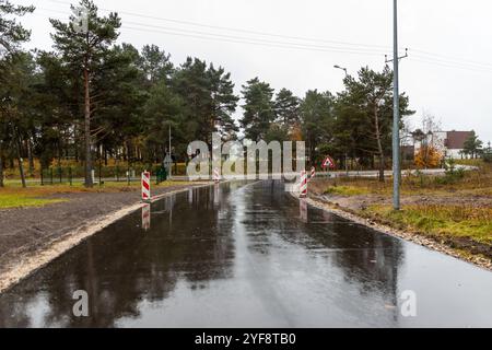 Une route asphaltée de campagne vide à travers le village dans un jour pluvieux d'automne. Road trip, transport, communications, conduite Banque D'Images