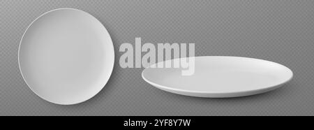 Assiettes à dîner blanches vides en porcelaine haut et angles de vue latéraux sur fond transparent. Vaisselle en céramique vectorielle 3d réaliste avec surface lisse. Nettoyer la maquette de vaisselle pour la présentation du menu. Illustration de Vecteur