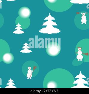 Motif pixel de Noël avec bonhommes de neige et sapins Illustration de Vecteur