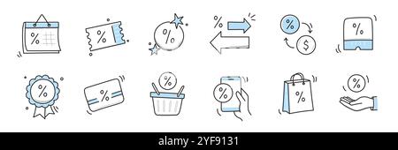 Jeu d'icônes de vente à rabais Doodle. Pourcentage de réduction, coupon de vente de magasin dessiné à la main ligne de dessin stylo icône de style de trait. Offre spéciale esquisse doodle Drawn Collection. Illustration vectorielle Illustration de Vecteur