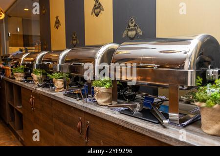 Buffet de luxe avec une variété de plats chauds et un décor élégant dans l'hôtel Banque D'Images