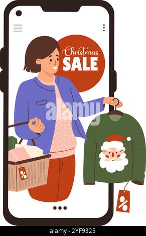 Soldes de Noël. Achats en ligne du nouvel an. Femme shopper dans le téléphone avec des cadeaux achète Xmas Ugly pull avec le Père Noël. Personnage de shopping des fêtes. Magasinez Illustration de Vecteur