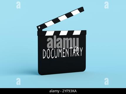 Genre documentaire dans le cinéma. Film Clapperboard avec le mot documentaire est debout sur un fond bleu, prêt à commencer le tournage. Rendu 3D. Banque D'Images