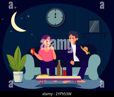 Un homme et une femme sont assis sur un canapé dans une pièce sombre la nuit. Ils mangent des sandwichs et boivent des sodas. L'homme porte un pyjama foncé Illustration de Vecteur
