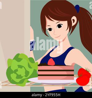 Une athlète féminine regarde dans le réfrigérateur, où il y a une assiette de gâteau et de salade de tomates. Elle sourit. Vue de l'intérieur du réfrigérateur. Illustration de Vecteur
