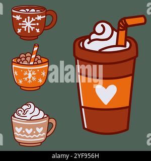 Une collection de tasses à café avec des flocons de neige sur eux. Les tasses sont de différentes tailles et formes, et toutes remplies de différents types de boissons chaudes Illustration de Vecteur