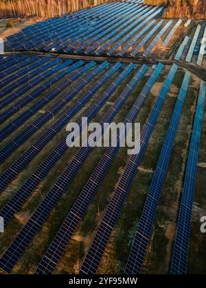 Vue aérienne d'une grande ferme solaire au coucher du soleil avec des rangées de panneaux photovoltaïques au milieu d'un paysage naturel, mettant en valeur l'énergie renouvelable. Banque D'Images