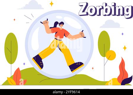 Illustration vectorielle de zorbing mettant en vedette des personnes appréciant des jeux de Bubble Bump sur un champ vert dans un fond de style dessin animé plat amusant et ludique Illustration de Vecteur