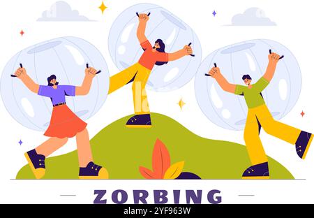 Illustration vectorielle de zorbing mettant en vedette des personnes appréciant des jeux de Bubble Bump sur un champ vert dans un fond de style dessin animé plat amusant et ludique Illustration de Vecteur