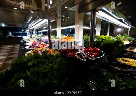 Un cadre hôtelier de luxe avec des plateaux de légumes frais et divers délicieux en-cas exposés. Parfait pour une expérience culinaire saine et haut de gamme. Banque D'Images