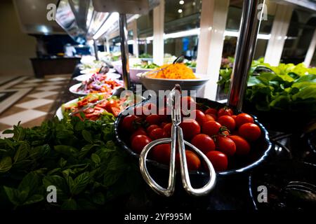 Un cadre hôtelier de luxe avec des plateaux de légumes frais et divers délicieux en-cas exposés. Parfait pour une expérience culinaire saine et haut de gamme. Banque D'Images