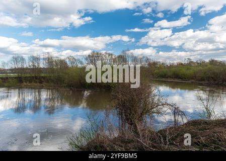 Sinueuse rivière Odra près de Polanka à Chko Poodri en république tchèque au début du printemps avec ciel bleu et nuages Banque D'Images