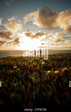 Silhouette d'un couple au coucher du soleil, femme et homme marchant le long de la mer dans les rayons de soleil du coucher du soleil. marchez et embrassez. place pour le texte, relation amoureuse Banque D'Images