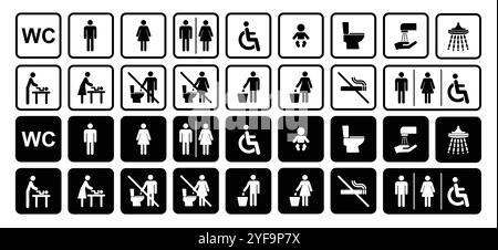 Jeu d'icônes de toilettes. Ne pas fumer, ne pas jeter les ordures dans les toilettes, mâle, femelle, symbole de douche. Toilettes pour homme, femme, pictogrammes handicapés Illustration de Vecteur