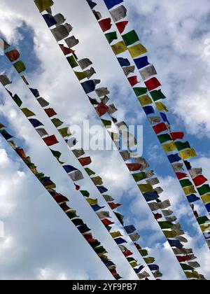 Drapeaux de prière bouddhistes spirituels à Bir, Himachal Pradesh, Inde Banque D'Images