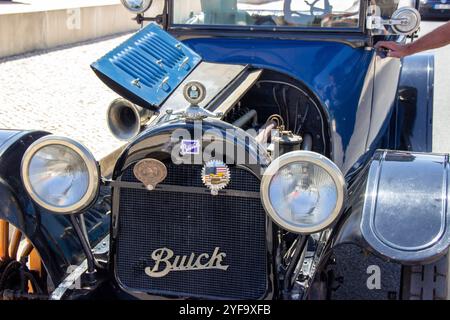 Voiture buick classique avec capot ouvert, révélant le moteur et le klaxon, présentée lors d'une exposition extérieure Banque D'Images