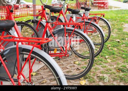 Vélos de location Red City alignés en rangée à l'extérieur, prêts pour les navetteurs urbains. Station de partage de vélos Banque D'Images