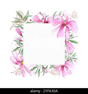 Fleurs roses fleuries abstraites, eucalyptus vert, papillons de contour doré flottant sur aquarelle éclaboussures cadre horizontal. Fleurs de Magnolia Banque D'Images